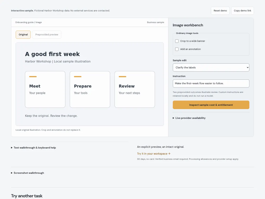 Business image workbench: Starting sample and available controls